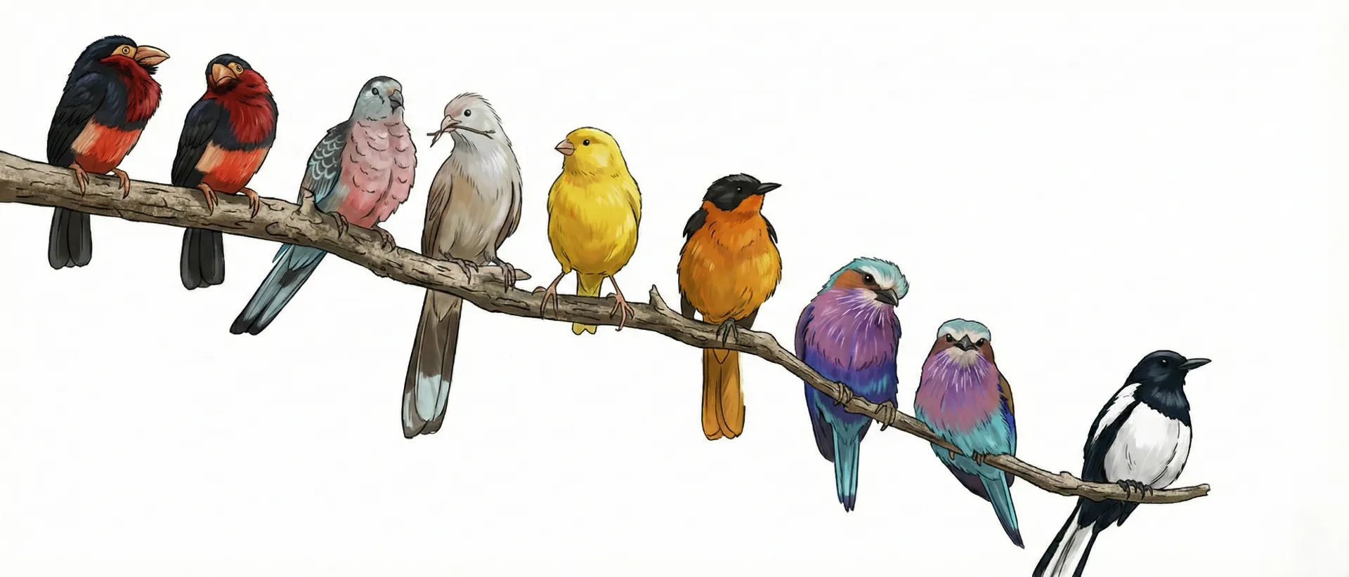 A diverse row of colorful bird species perched together on a branch, symbolizing global bird biodiversity.