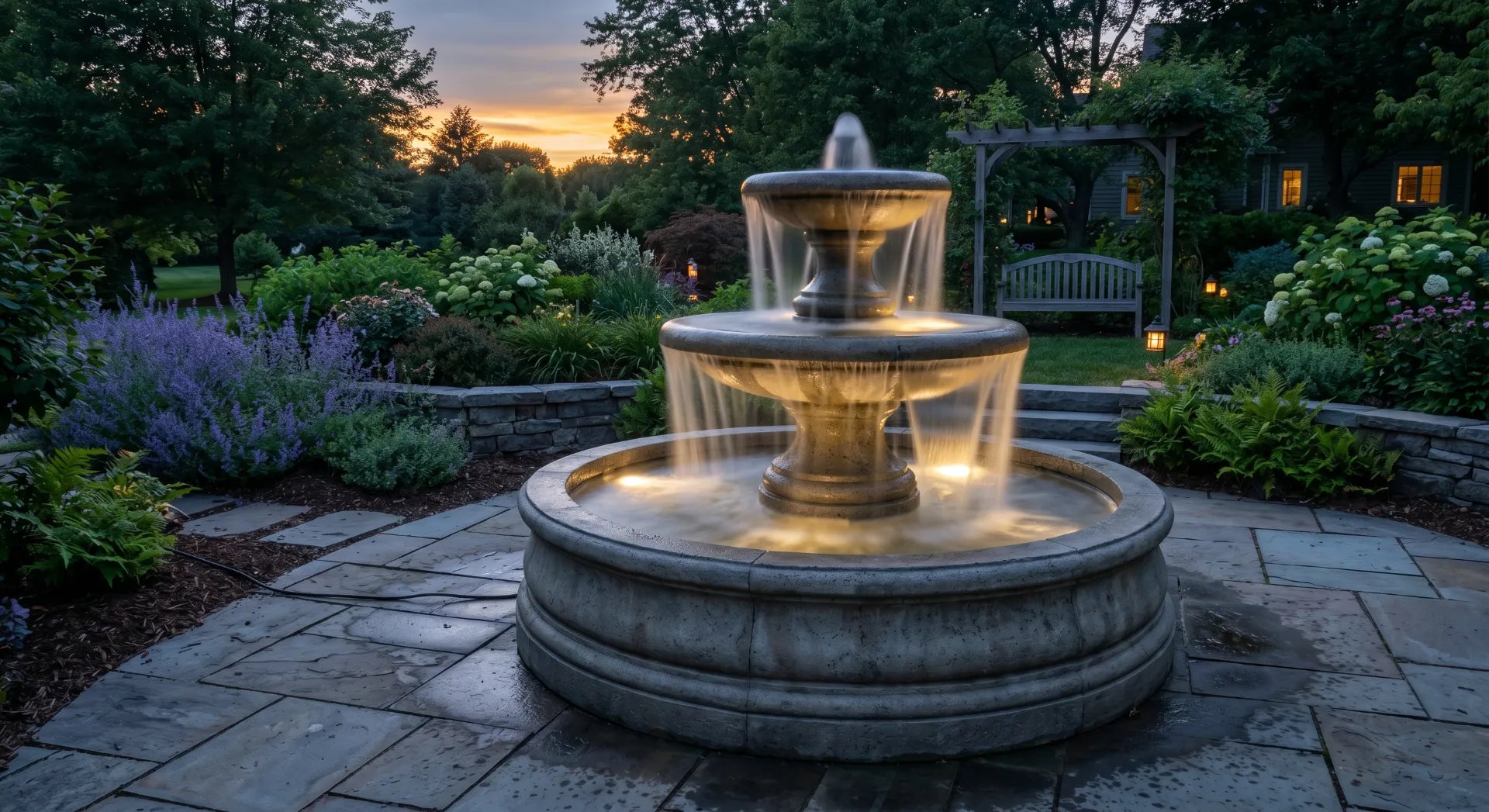 electric outdoor garden fountain running at night with LED lights concrete tiered