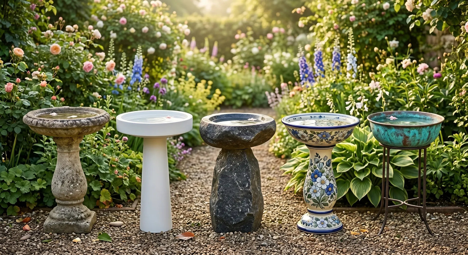 five bird bath materials comparison cast stone resin granite ceramic copper garden