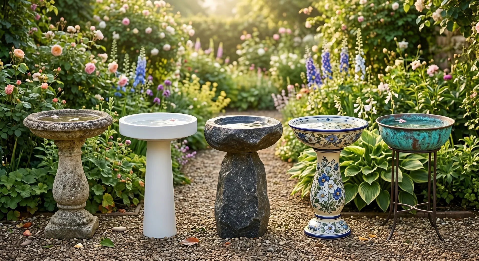 five bird bath materials comparison cast stone resin granite ceramic copper garden