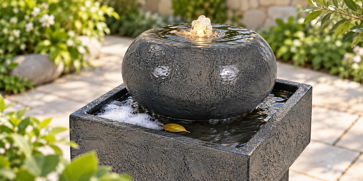 Illustrative scene based on our Orb column fountain, showing a small foam patch and fallen leaf in its square catch tray