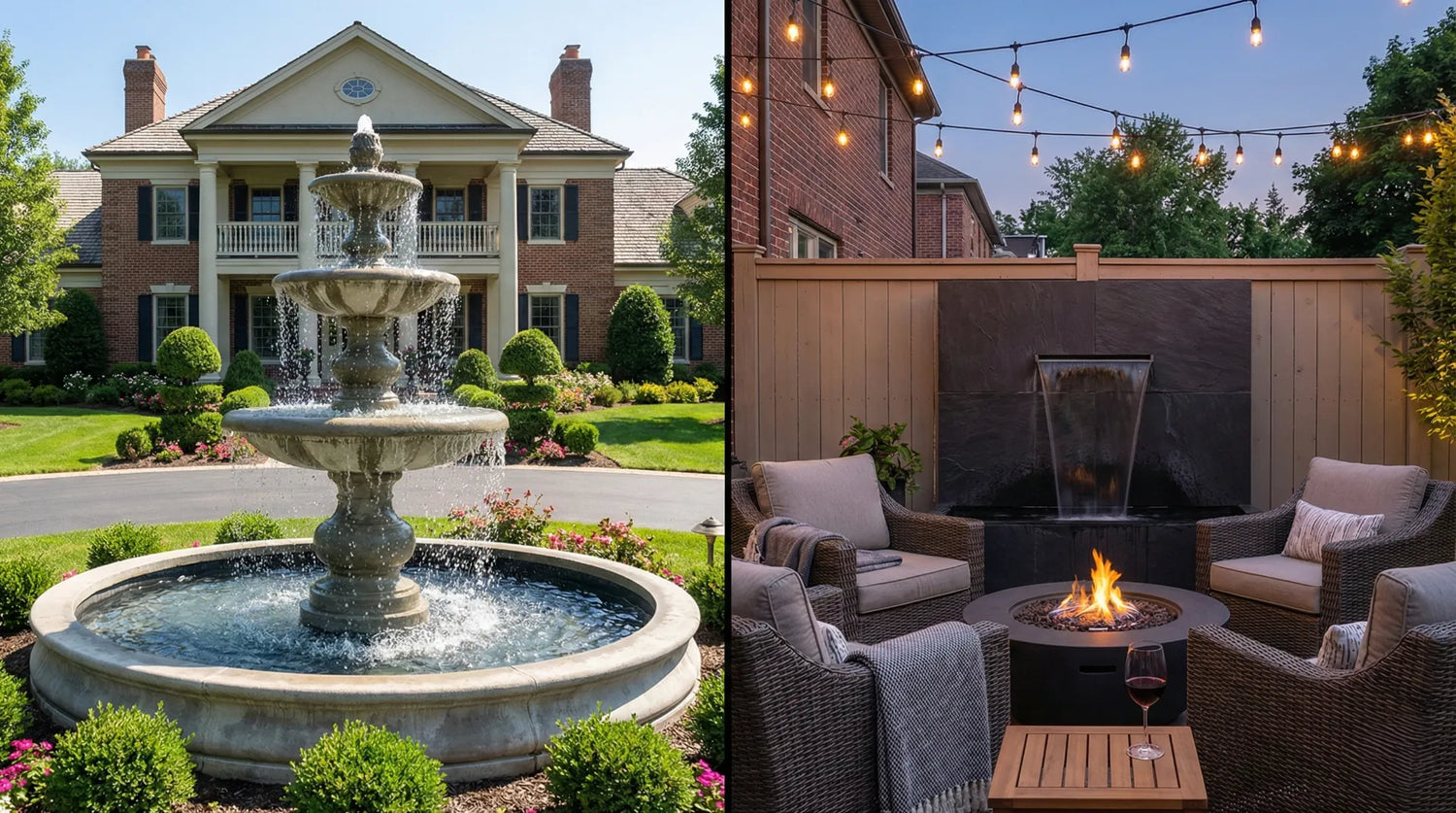Split view comparing a large 3-tier concrete fountain for front yard noise masking versus a quiet slate wall fountain for backyard relaxation.