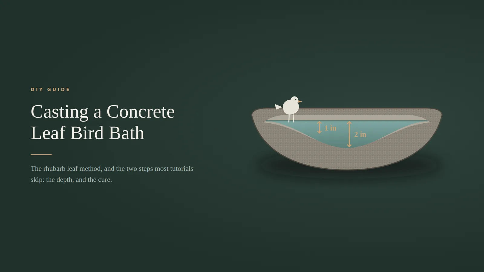 Casting a concrete leaf bird bath, cross section showing water one inch deep at the edge and two inches at the center