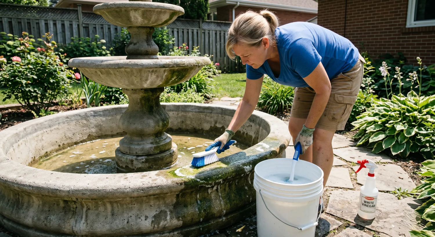 cleaning concrete tiered water fountain green algae nylon brush vinegar maintenance