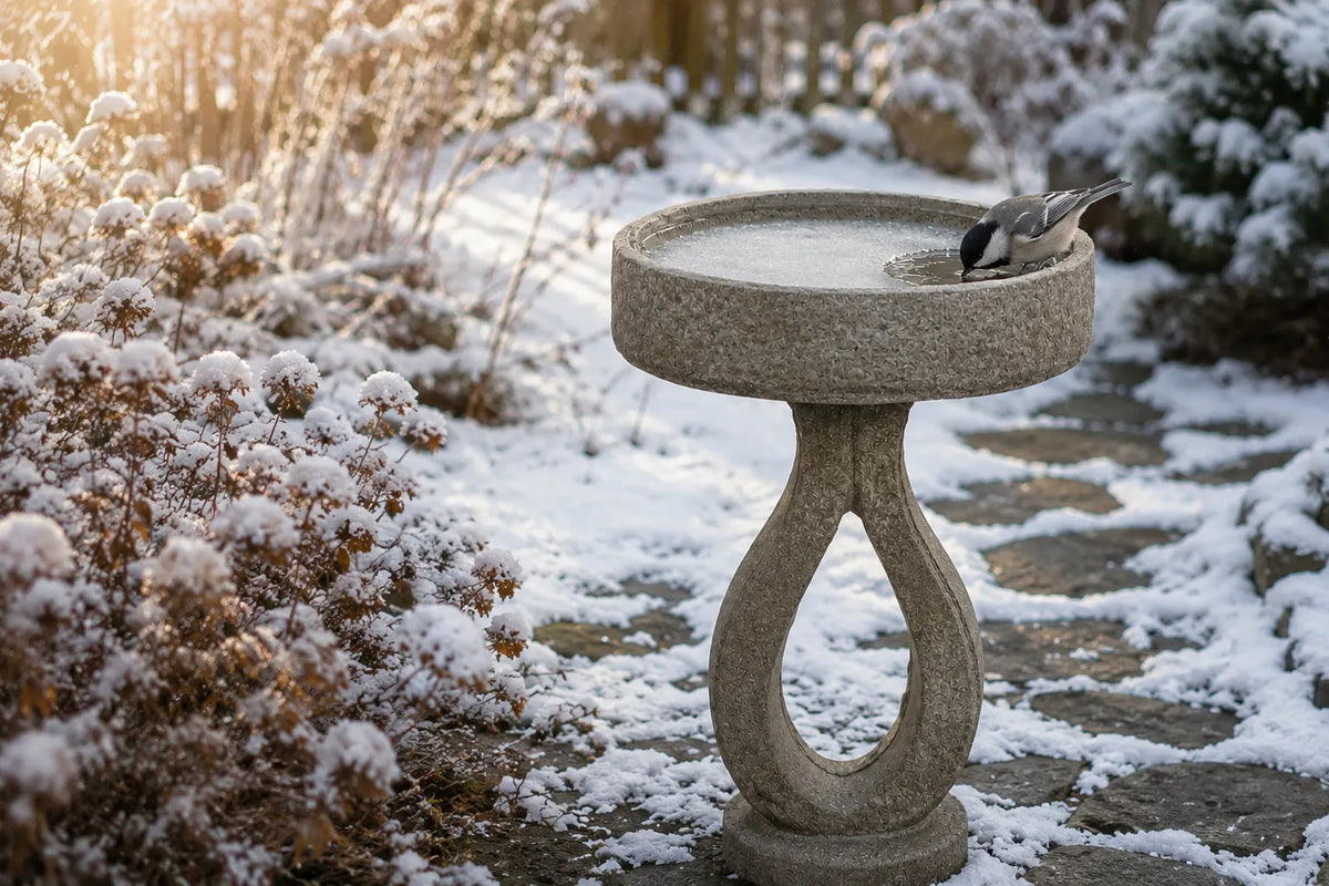 Chickadee drinking from an unfrozen concrete bird bath in a snowy backyard
