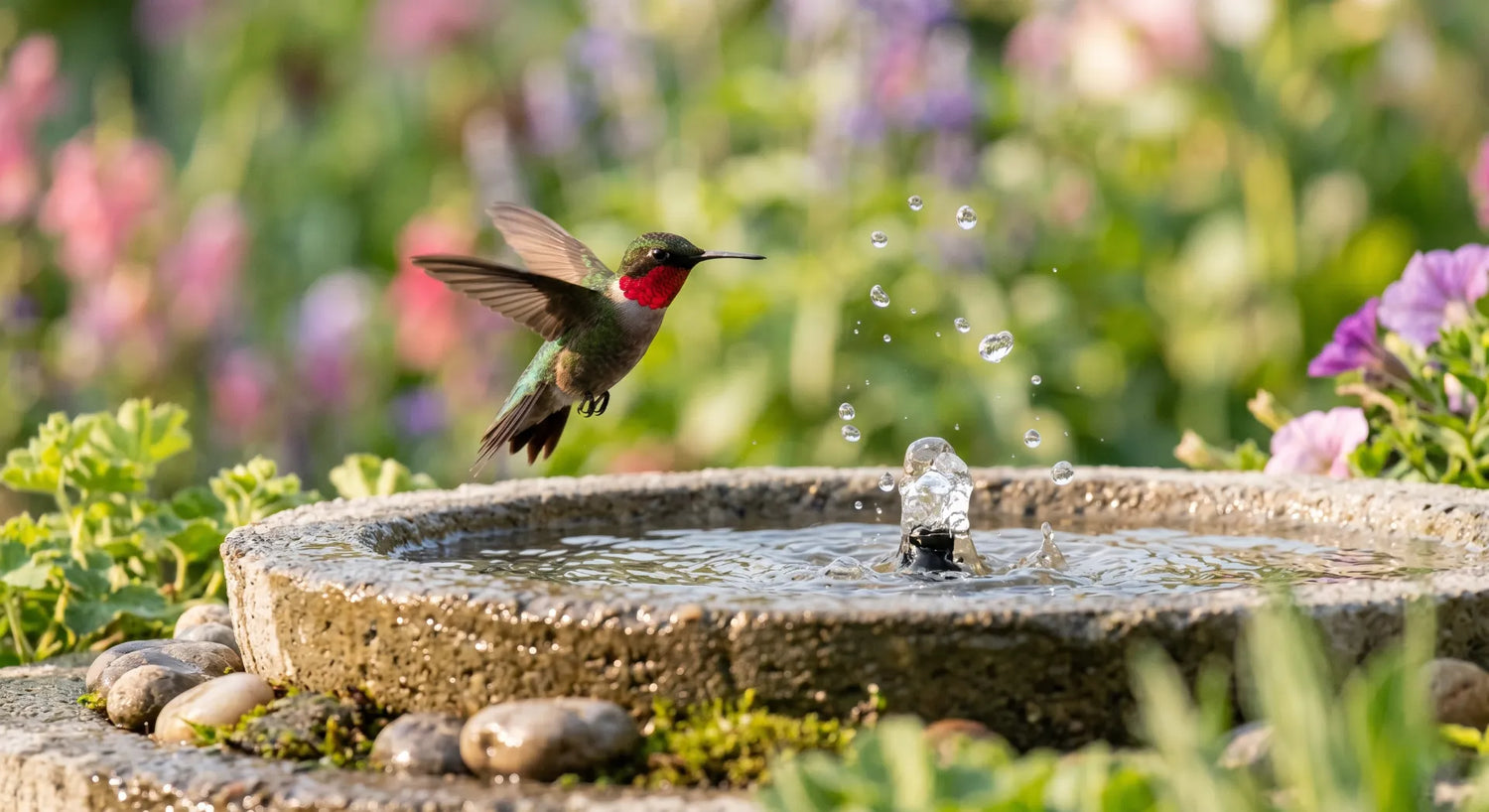 ruby-throated hummingbird at integrated bird bath fountain bubbler shallow upper basin droplets
