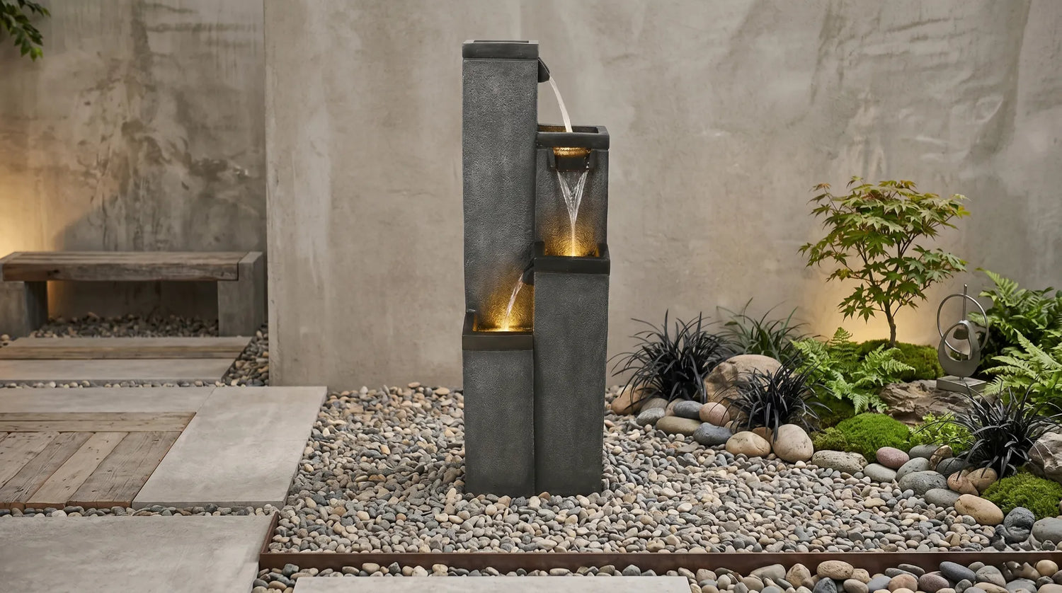 modern dark ribbed slate cascading fountain gravel garden contemporary
