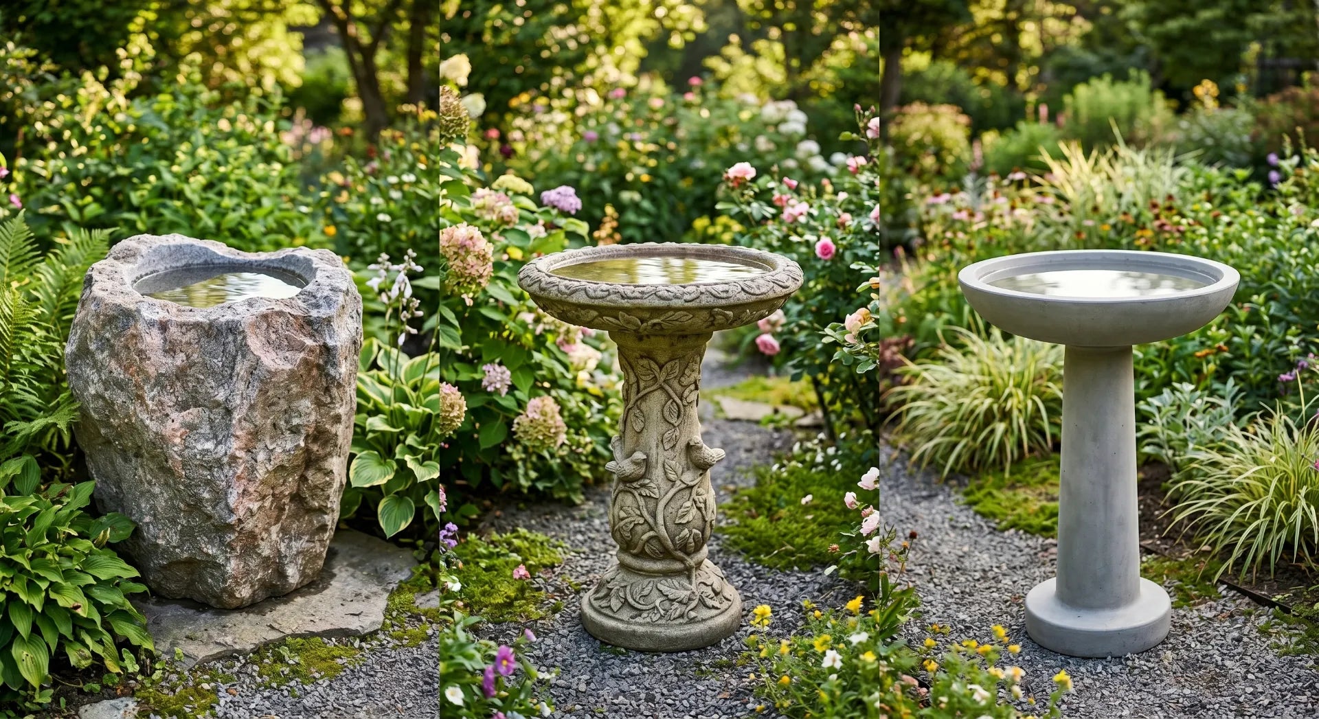 natural stone cast stone concrete bird bath comparison three materials garden