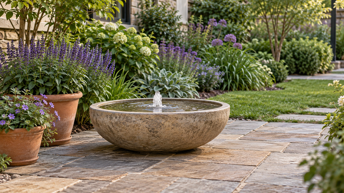 Illustrative garden planting concept with separate pots and a clear approach beside a bowl fountain