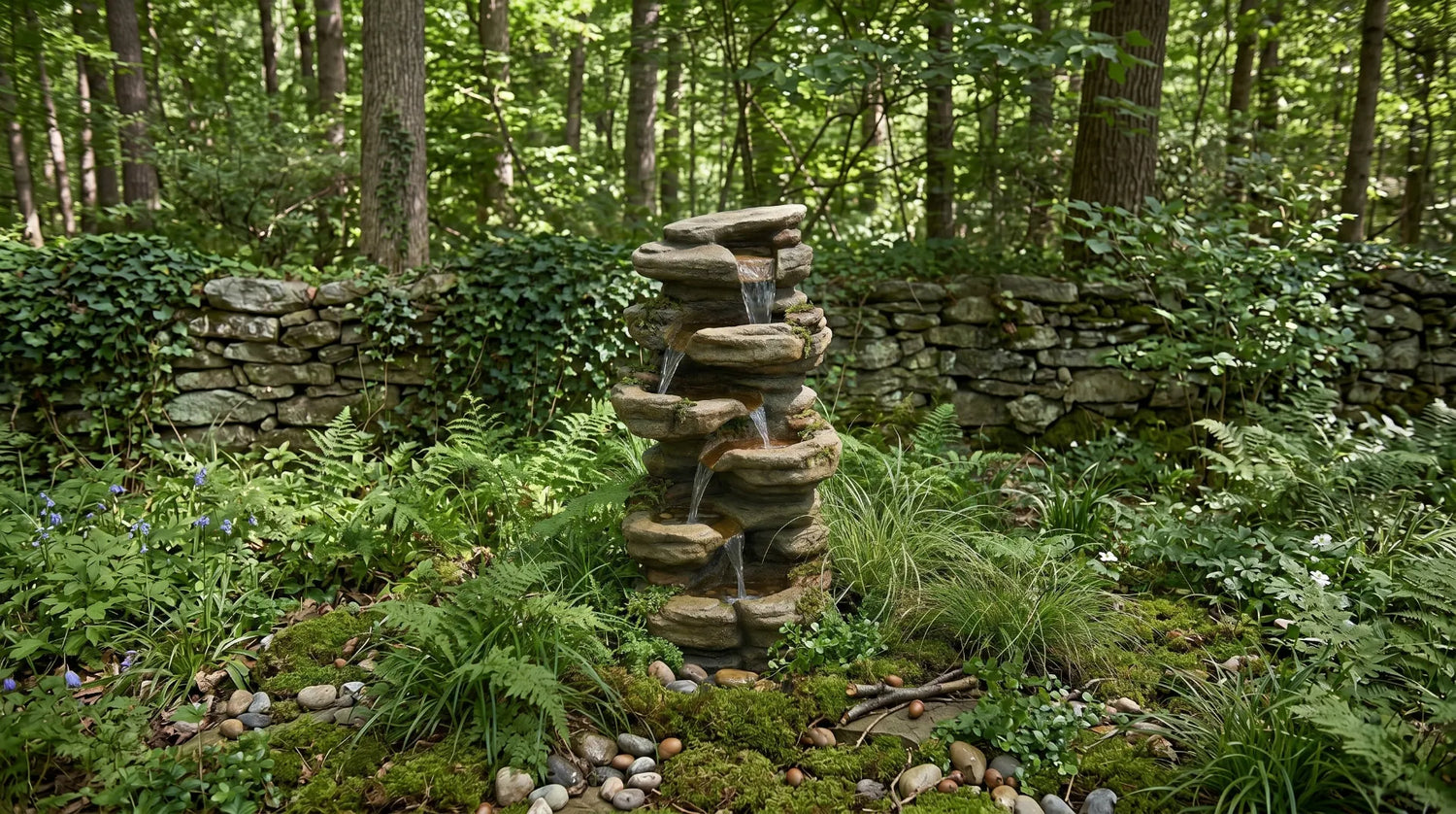rock waterfall fountain stacked stone faux-stone natural garden ferns woodland