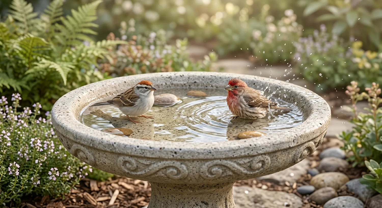 shallow concrete bird bath songbirds bathing feet on textured bottom inch deep