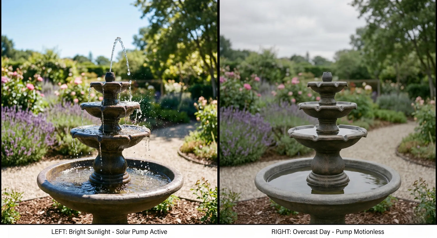 solar water fountain running in sun vs stopped on cloudy day honest comparison