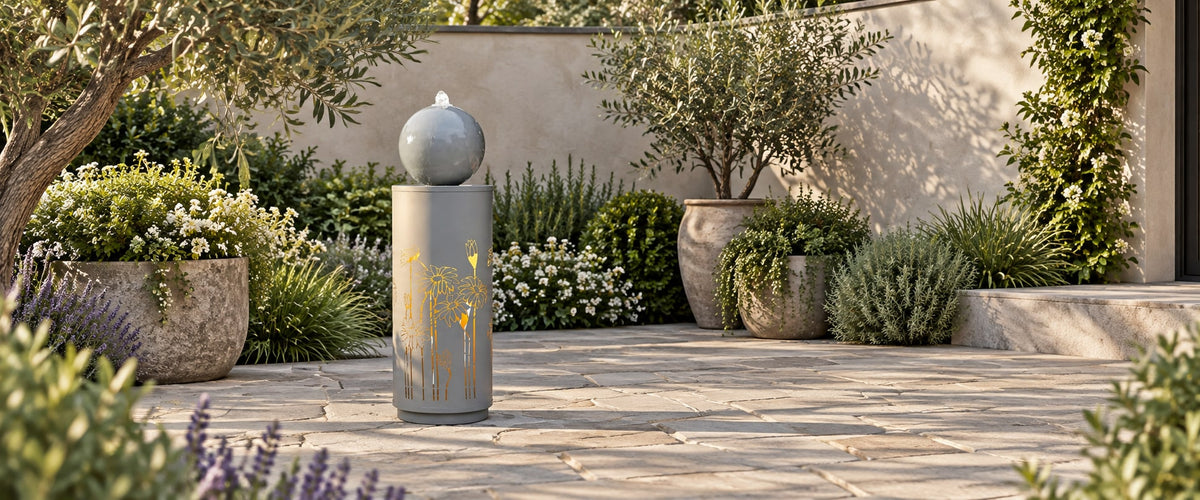 Illustrative wide patio scene showing a complete sphere fountain on a floral column with space around the base