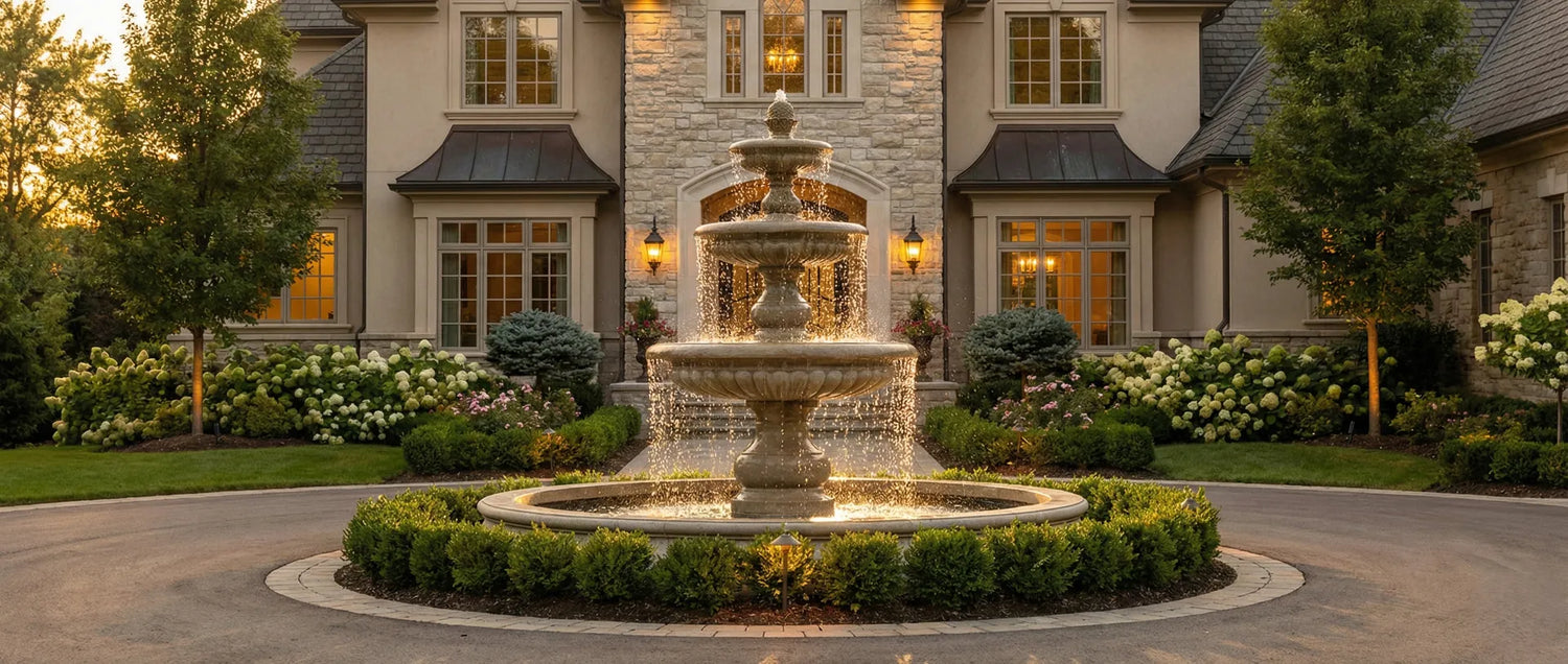 A sleek modern architectural fountain contrasted with a traditional statuary fountain in a landscaped garden.