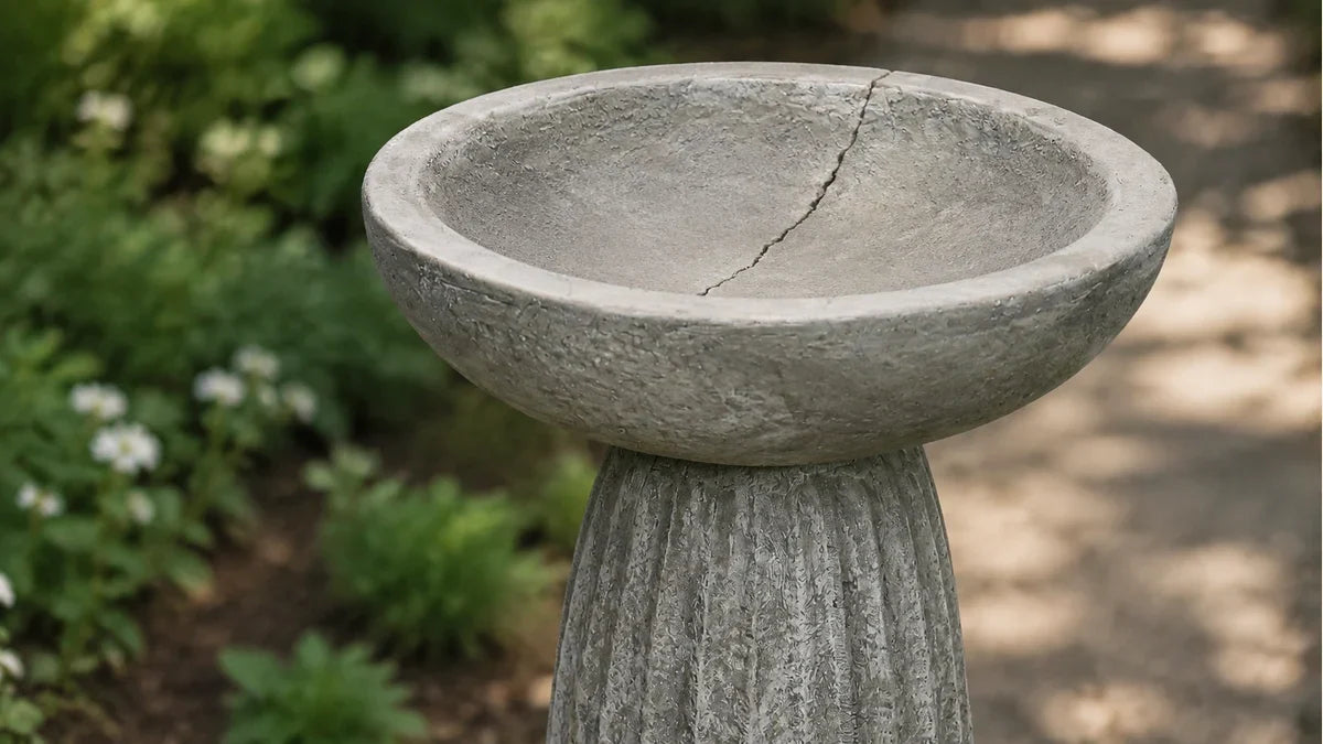 A dry fluted concrete bird bath basin with a crack running across the floor and up the inner wall