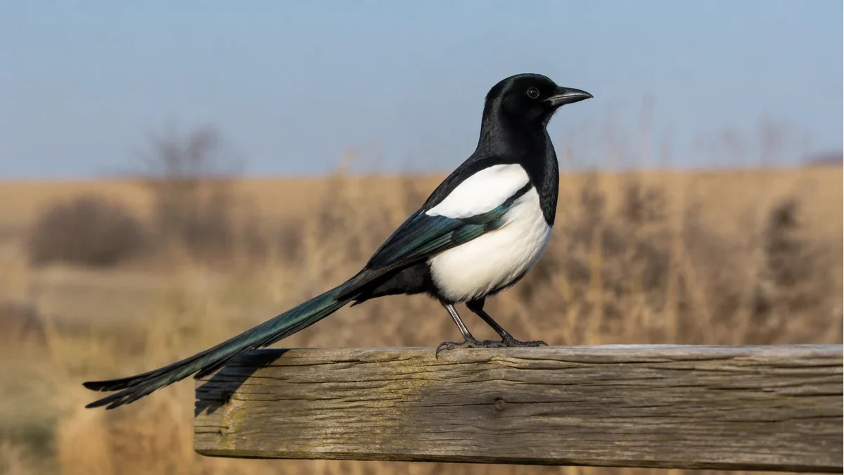 A black billed magpie on a fence rail with its long tail visible against open dry country