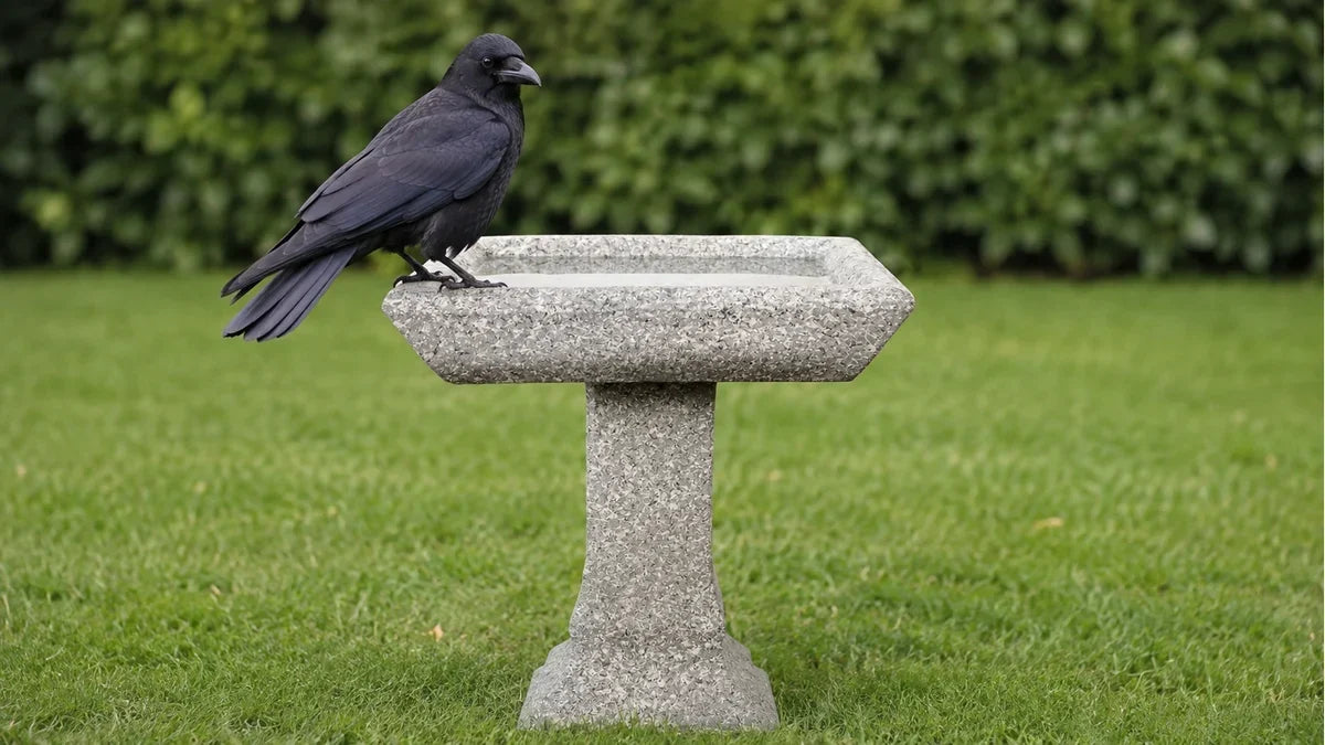 An American crow on the square rim of a concrete bird bath with its head turned toward the viewer