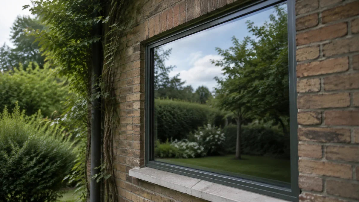 A house window from outside reflecting the garden and sky so clearly it reads as open space