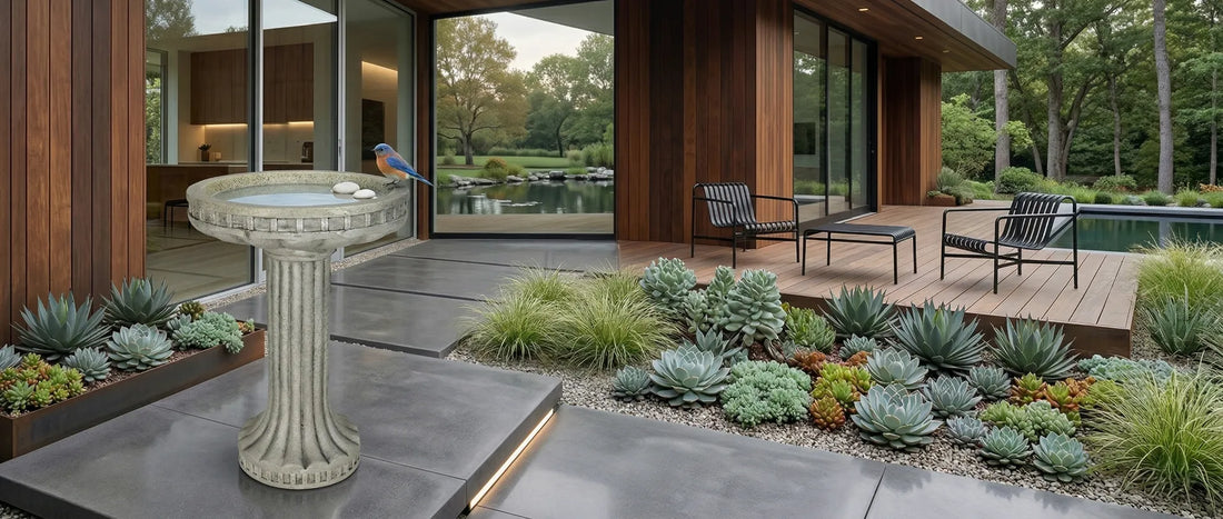A classic stone bird bath placed in a modern, minimalist patio setting with a succulent garden and large windows in the background.