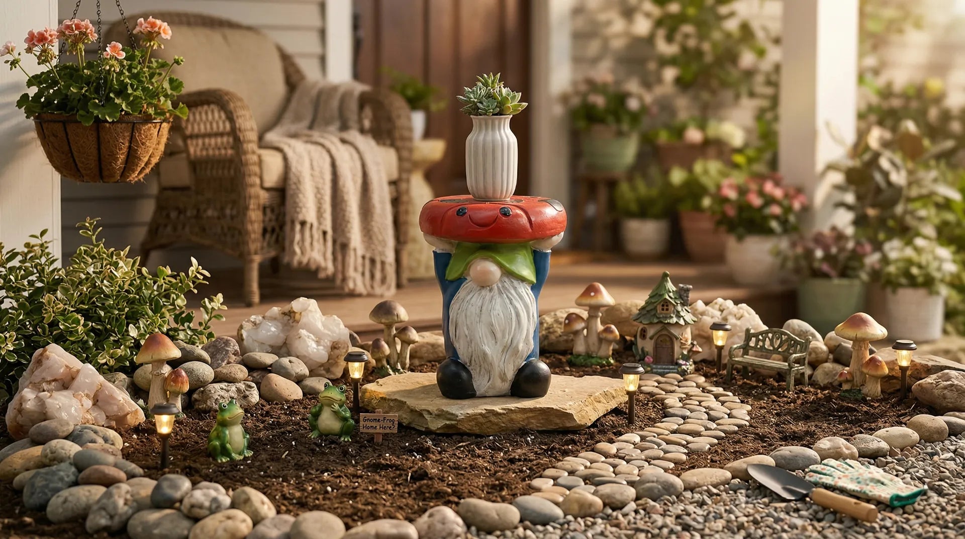 A garden gnome statue holding a red mushroom planter in a sunlit miniature fairy garden setting.