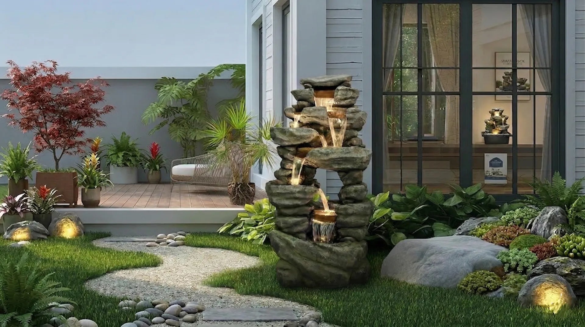 A modern courtyard featuring an illuminated, tiered rock fountain and a winding pebble path