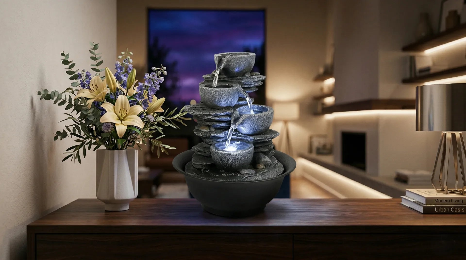 A tiered stone tabletop fountain and flower vase on a wooden console table.