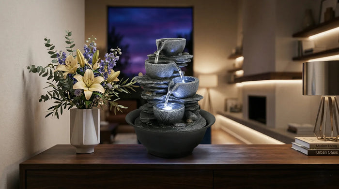 Indoor tabletop water fountain on a wooden console table for office or home decor