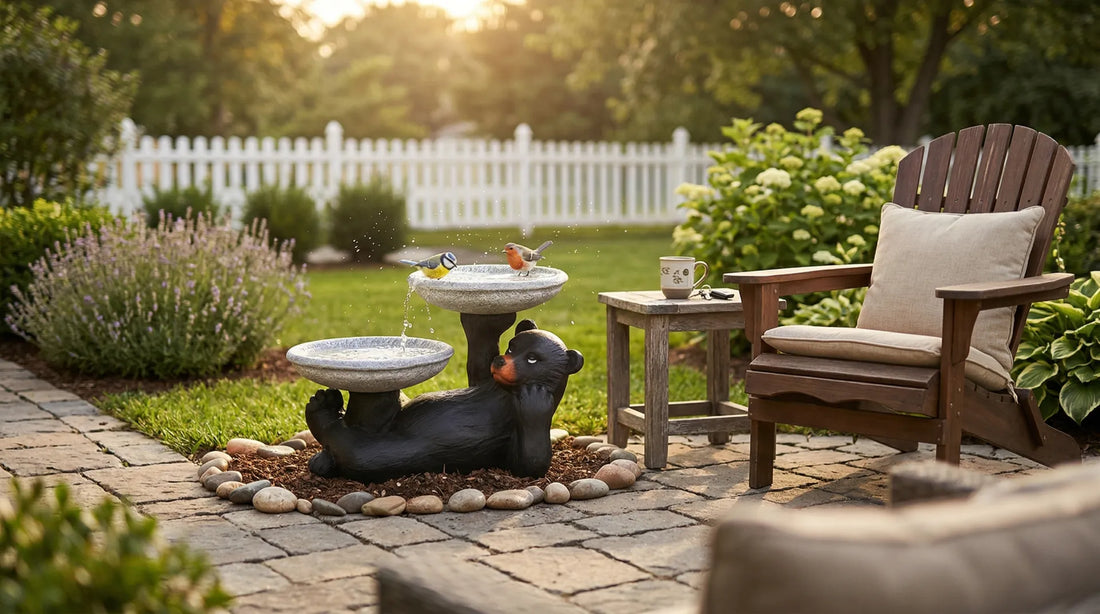 Rustic, carved concrete tree trunk bird bath with flowers and a bird figurines.