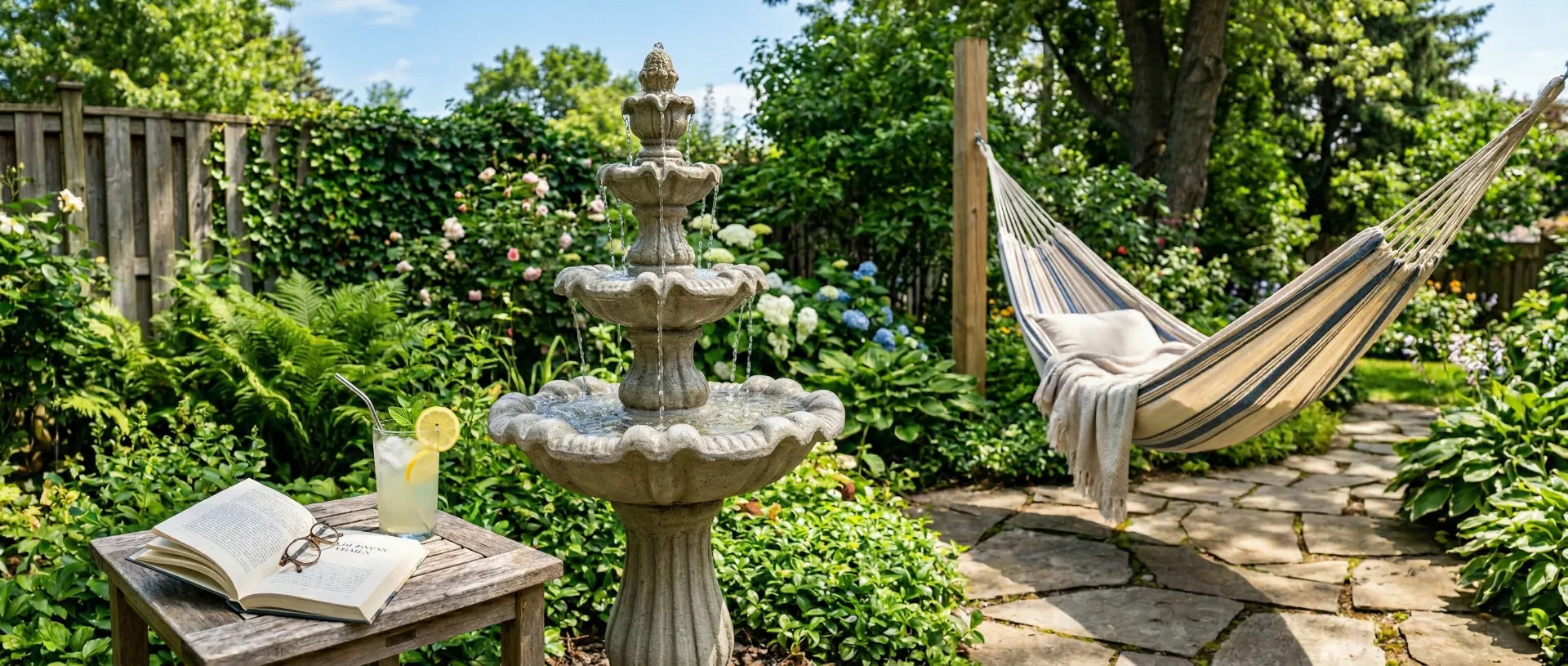 Tranquil backyard retreat with a classic tiered stone fountain, garden hammock, and flagstone path.