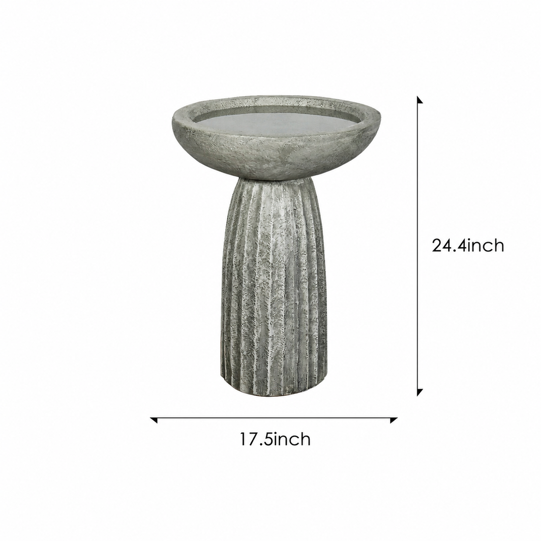 Fluted flare concrete bird bath dimensions: 24.4 in. overall height and 17.5 in. overall width
