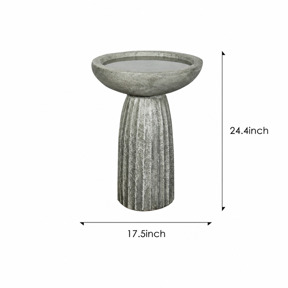 Fluted flare concrete bird bath dimensions: 24.4 in. overall height and 17.5 in. overall width