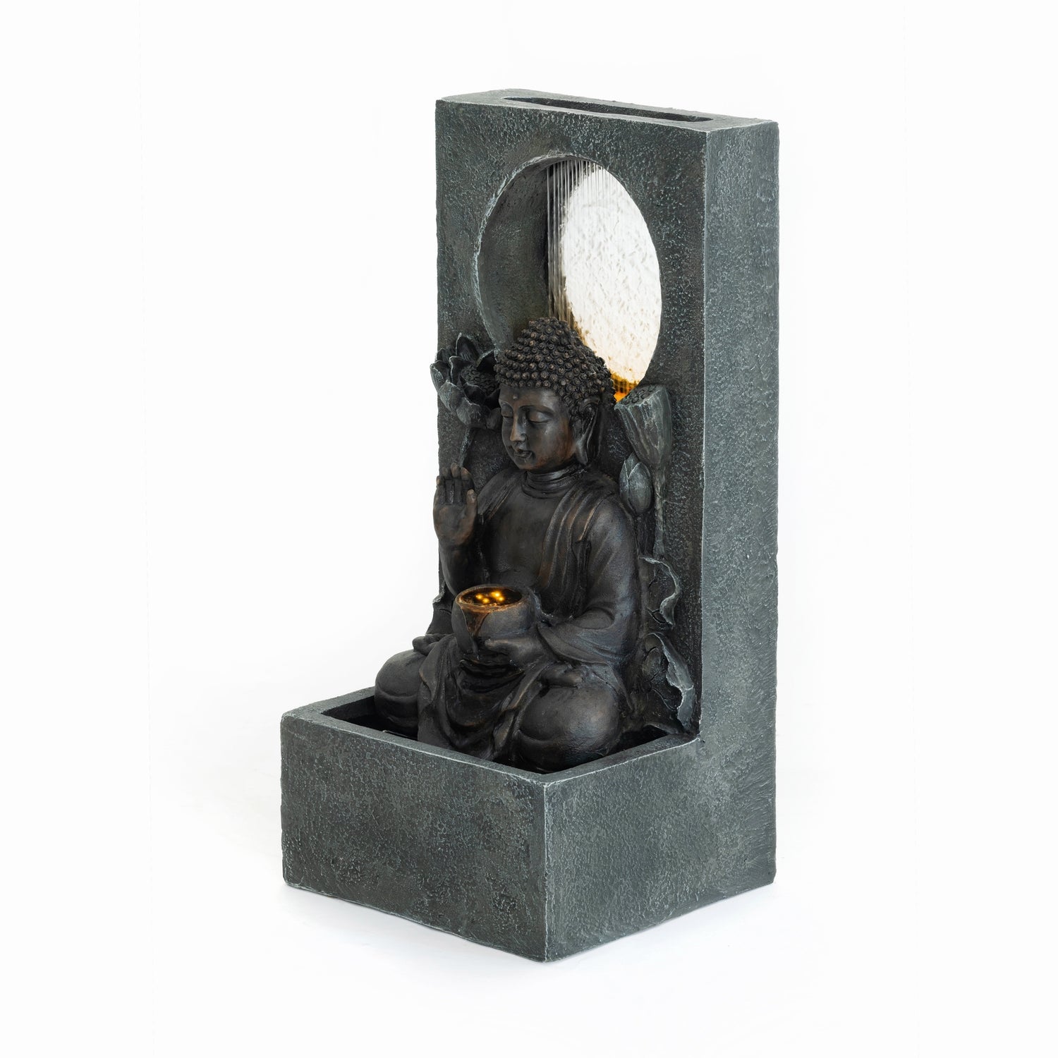 Resin Buddha Wall Panel Outdoor Fountain 28 Inch in garden setting