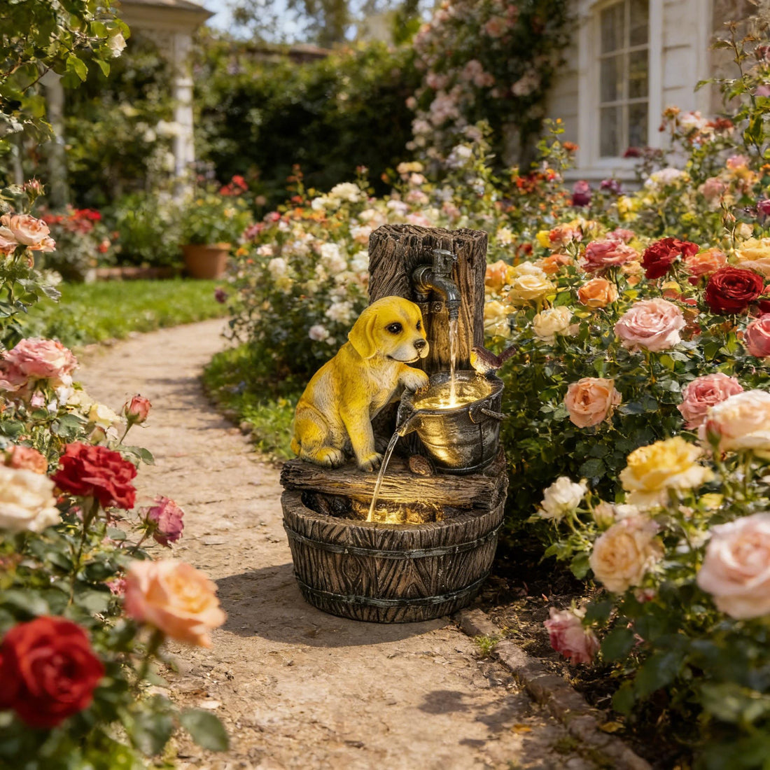 Resin Puppy Garden Outdoor Water Fountain 22 Inch