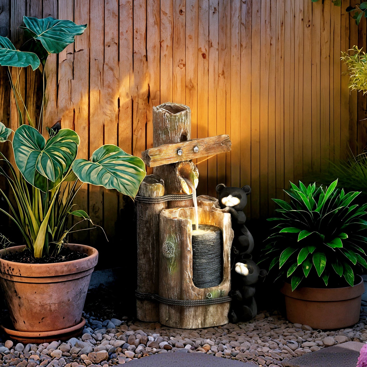 Resin Bear Fountain Two Cubs on Timber Post in garden setting