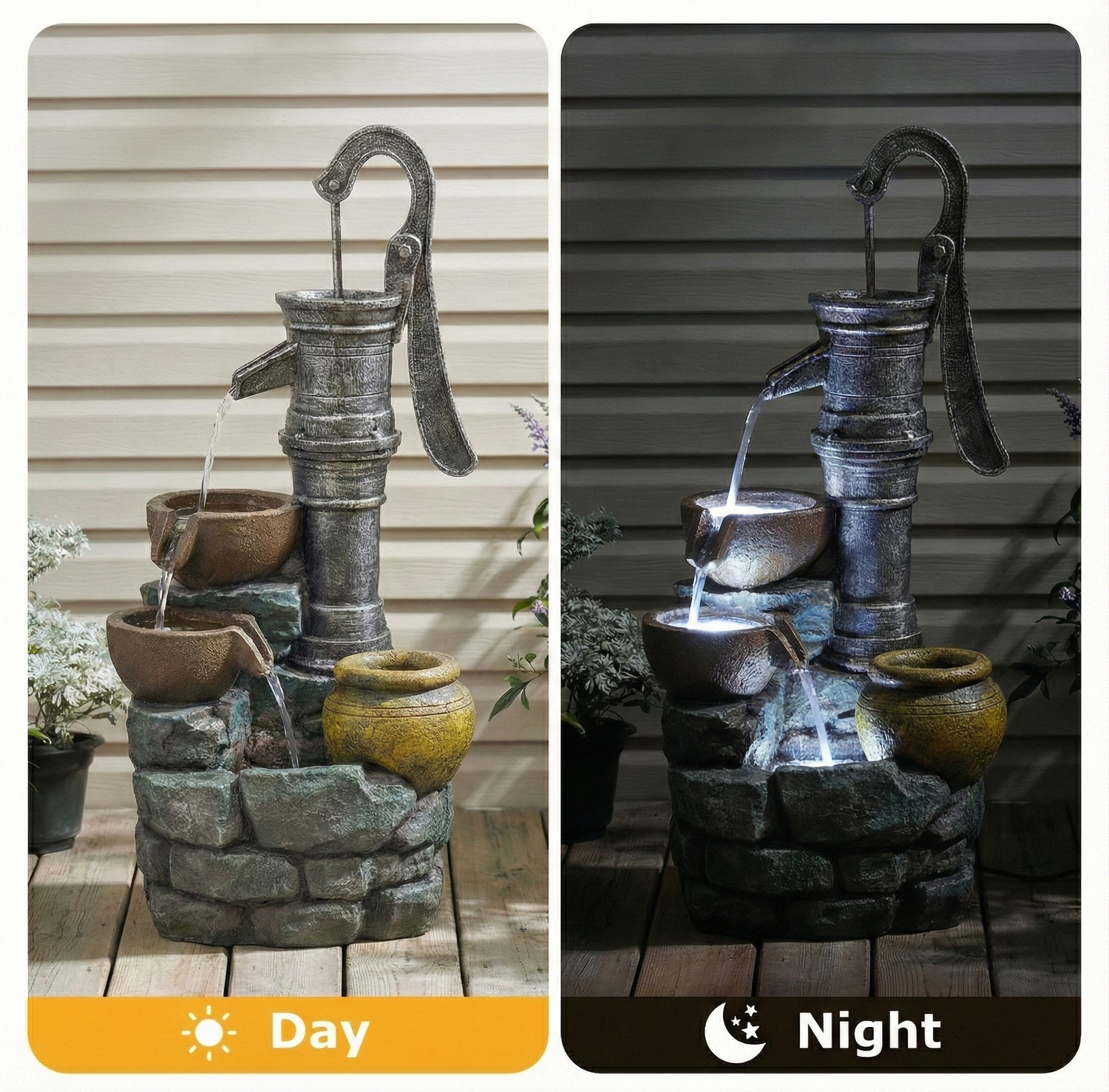 Resin Hand Pump Cascading Outdoor Fountain 32 Inch dimensions and size