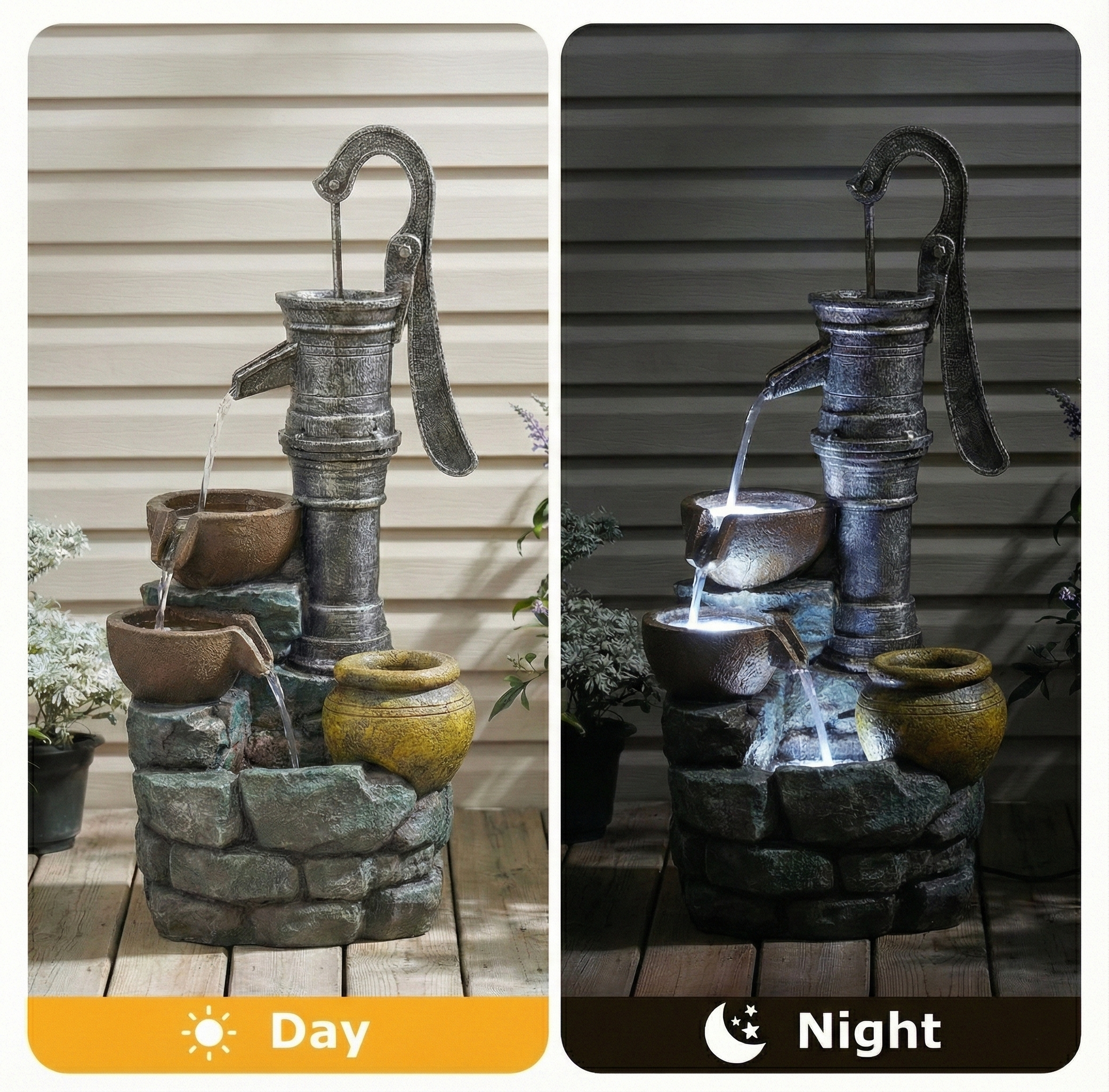 Resin Hand Pump Cascading Outdoor Fountain 32 Inch dimensions and size