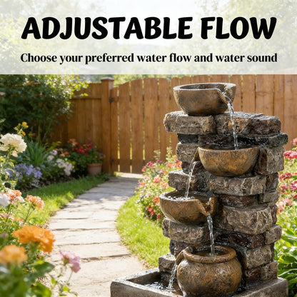 Resin Stacked Stone Bowl Cascade Fountain 28 Inch in garden setting