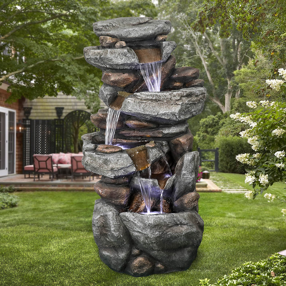 40&quot;H Stacked Shale Garden Outdoor Fountain with LED Light