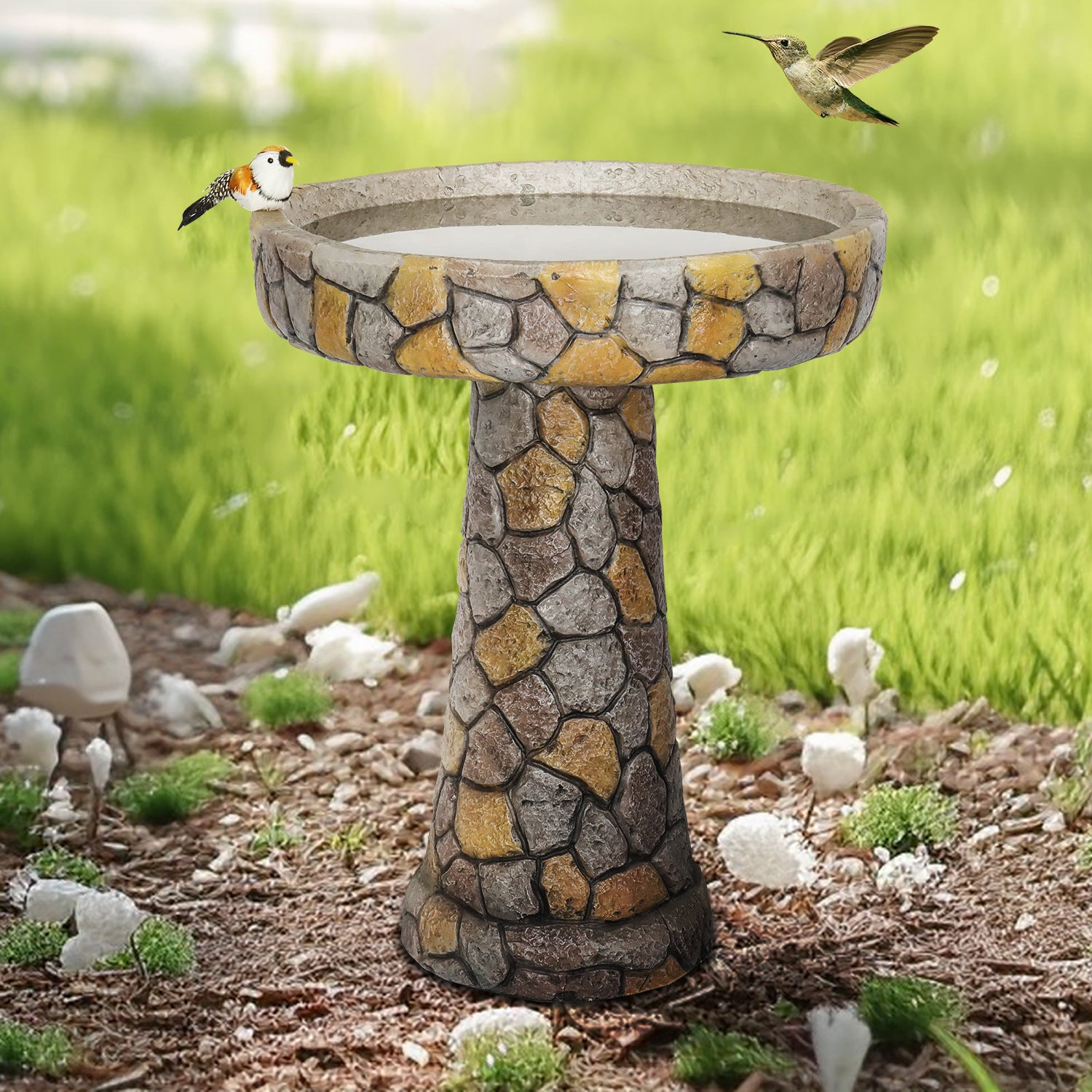 24&quot; H Mosaic Stone Design Outdoor Bird Bath - 18.8&quot; Diameter Perfect for Enhancing Your Garden, Patio, Backyard, or Porch