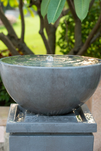 Resin Zen Bowl Pedestal Outdoor Fountain 44 Inch close up of water flow