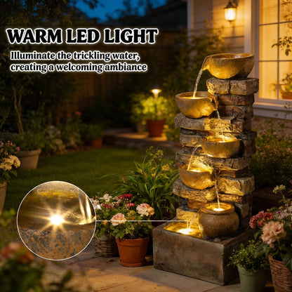 Resin Stacked Stone Bowl Cascade Fountain 28 Inch LED lit at night
