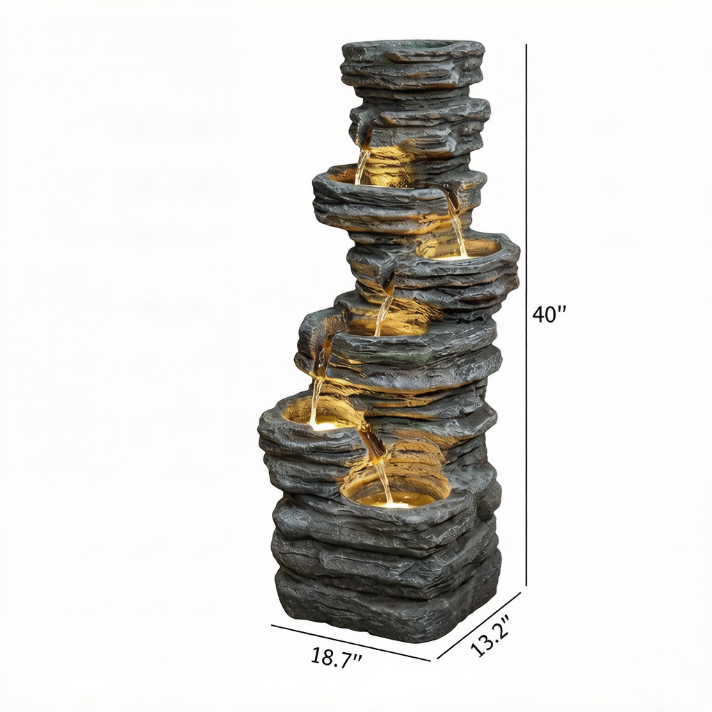 Resin 6 Tier Rock Cascade Outdoor Fountain 40 Inch material texture detail