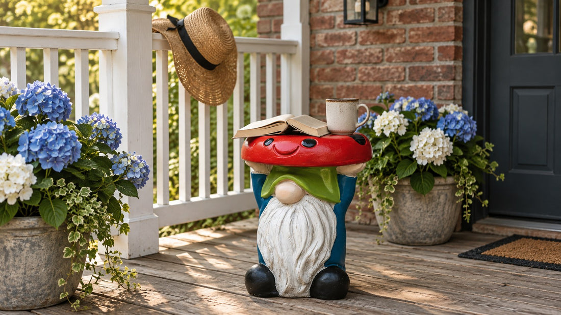 Gnome toadstool garden stool on a porch with an open book and a mug on its red cap