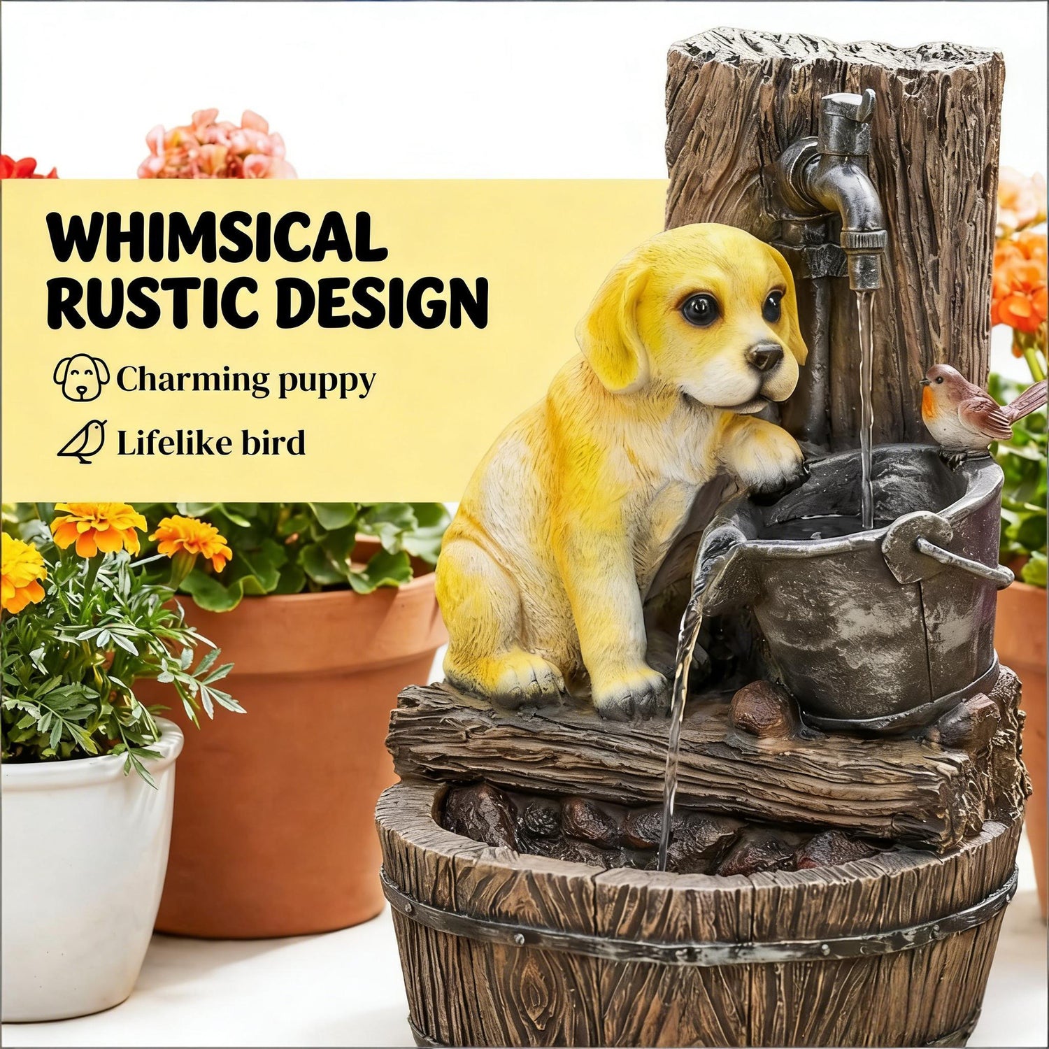 Resin Puppy Garden Outdoor Water Fountain 22 Inch on patio