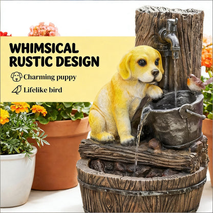 Resin Puppy Garden Outdoor Water Fountain 22 Inch on patio