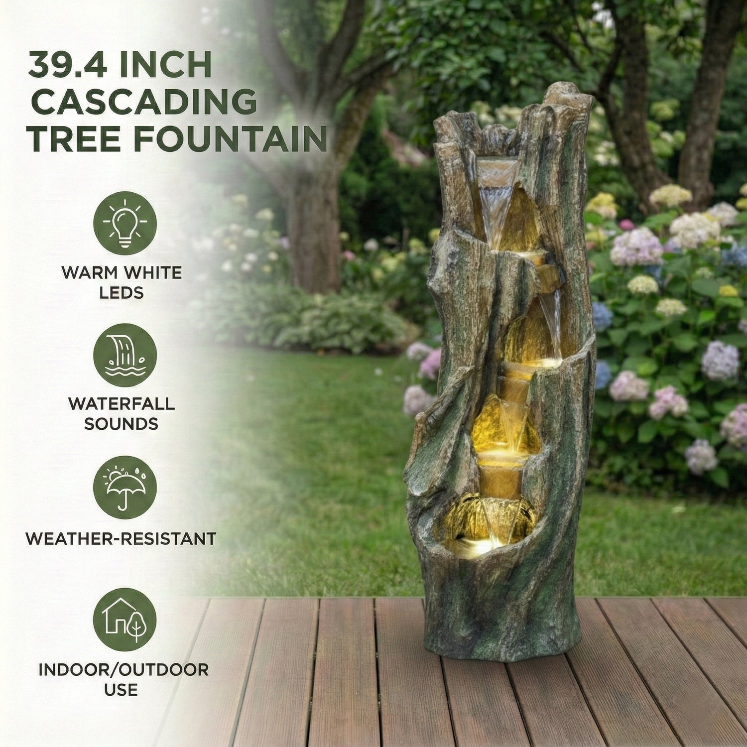 Resin Tree Trunk Outdoor Fountain 39 Inch dimensions and size