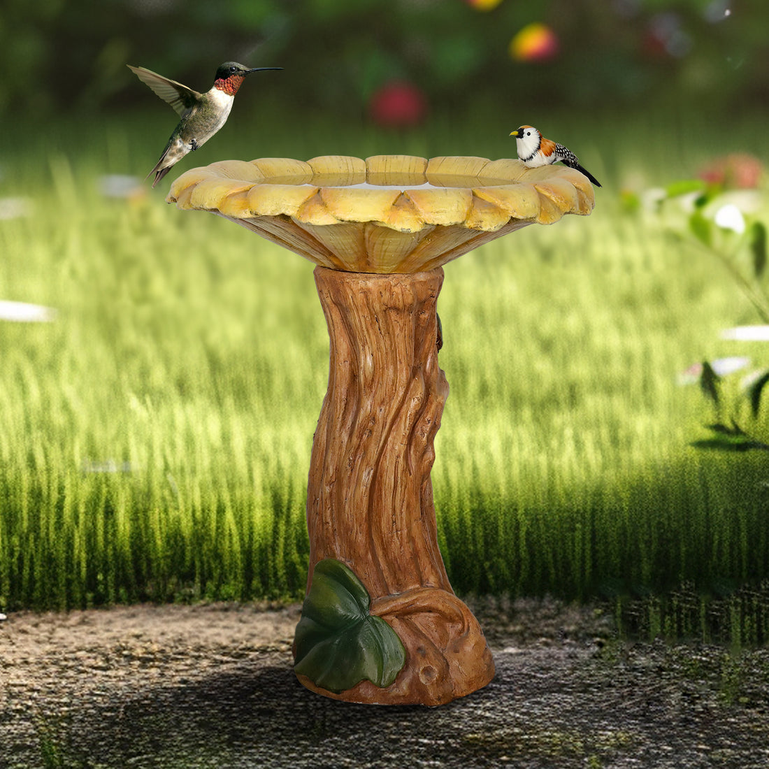 24.4&quot;H Concrete Outdoor Bird Bath with Sunflower Bowl and Woodtone Pedestal - Garden Decor