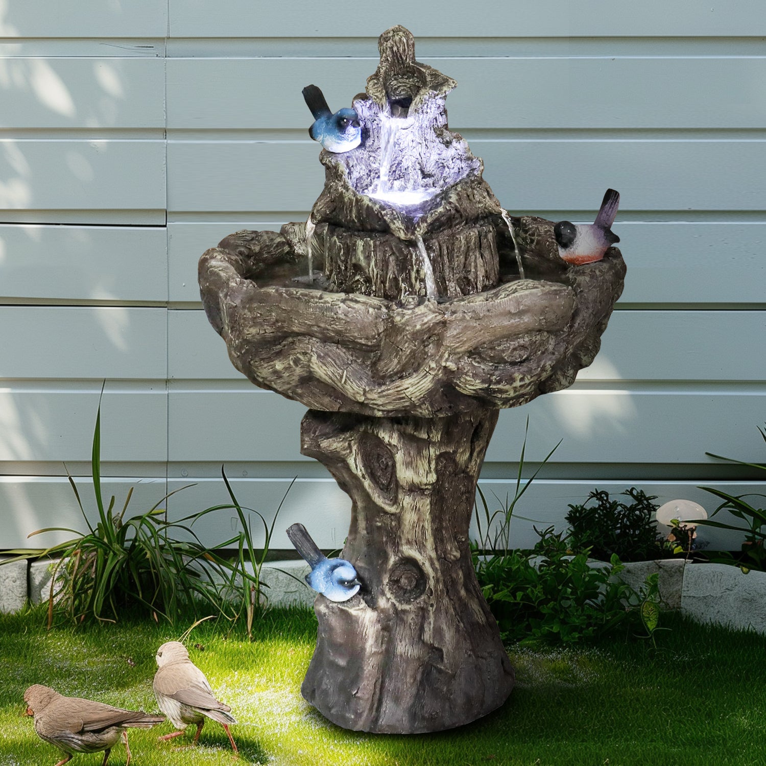 26.7”H 2-Tiered Birdbath Fountain with Three Birds