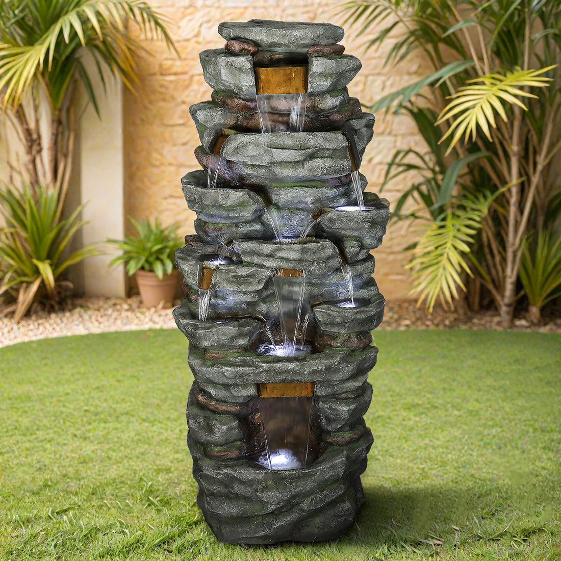 79&quot; High Multi-Tiers Cascading Rock Outdoor Water Fountain with LED Lights
