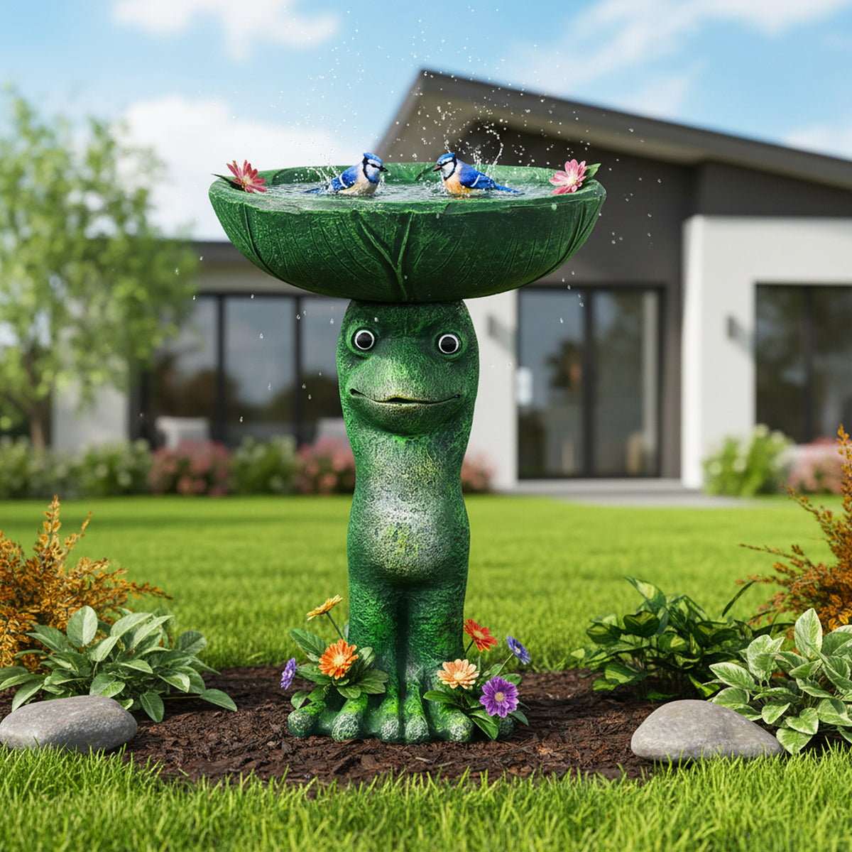 21.8"H classic pedestal bird bath acting as a timeless focal point on a manicured green lawn.